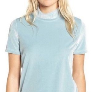 Madewell Velvet Mockneck Short Sleeve Top Shirt, Aqua Blue Size Medium M